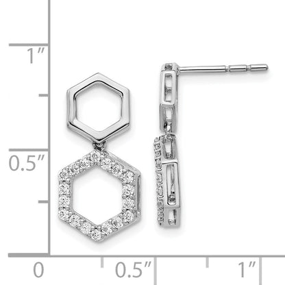 Solid 14k White Gold Simulated CZ Fancy Hexagon Post Dangle Earrings