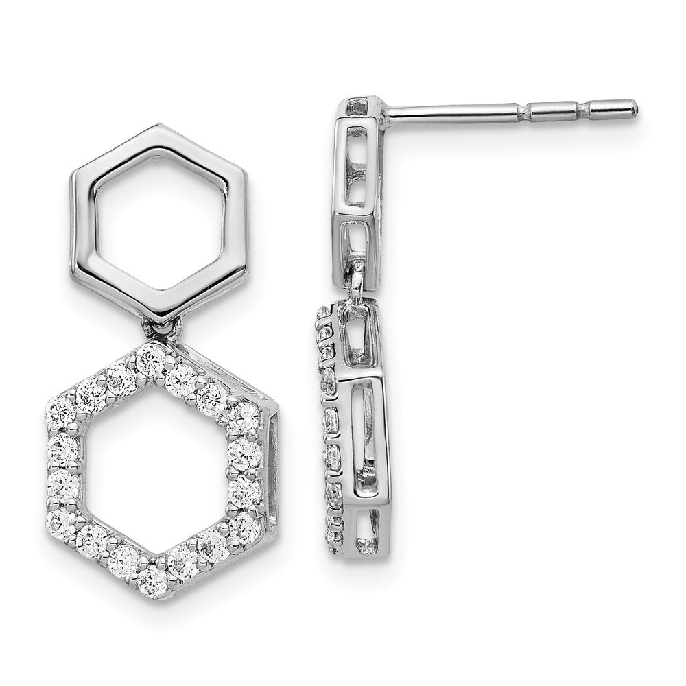 Solid 14k White Gold Simulated CZ Fancy Hexagon Post Dangle Earrings