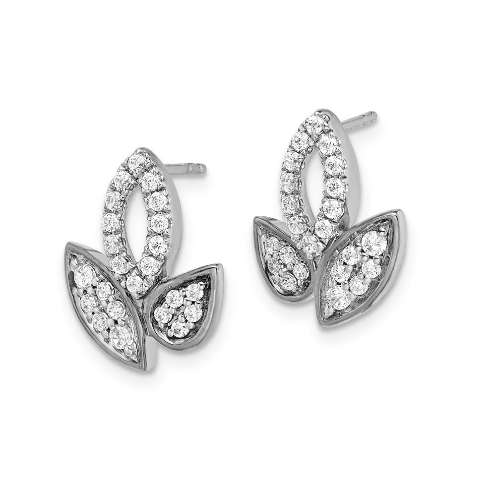Solid 14k White Gold Simulated CZ Fancy Leaf Earrings