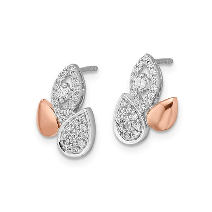Solid 14k Two-tone Rose & White Gold Simulated CZ Fancy Leaf Earrings