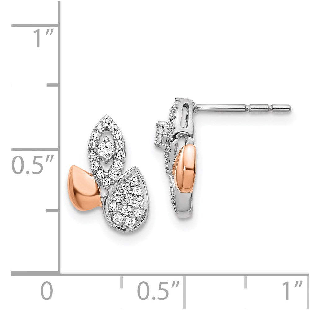 Solid 14k Two-tone Rose & White Gold Simulated CZ Fancy Leaf Earrings