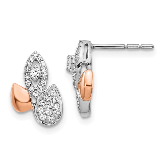 Solid 14k Two-tone Rose & White Gold Simulated CZ Fancy Leaf Earrings