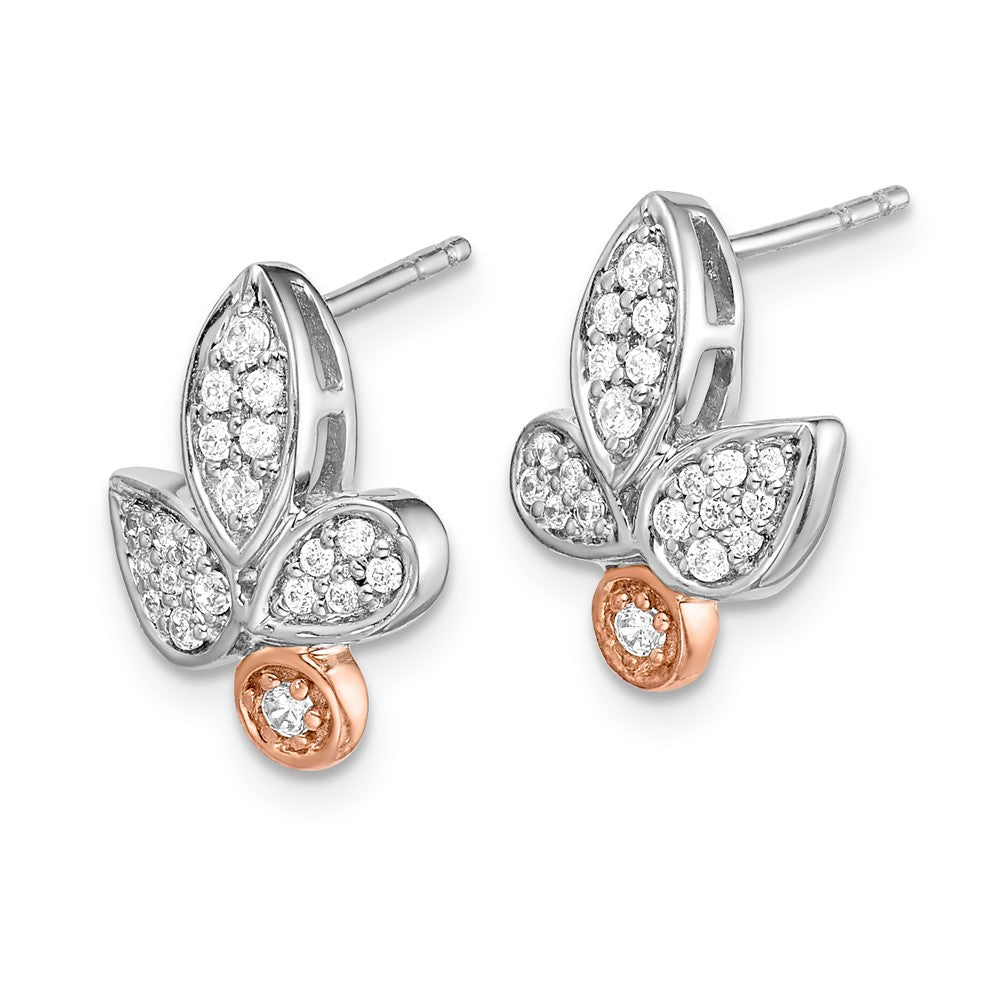 Solid 14k Two-tone Rose & White Gold Simulated CZ Fancy Leaf Earrings