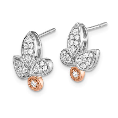 Solid 14k Two-tone Rose & White Gold Simulated CZ Fancy Leaf Earrings