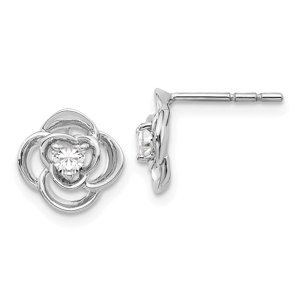 Solid 14k White Gold Simulated CZ Flower Earrings