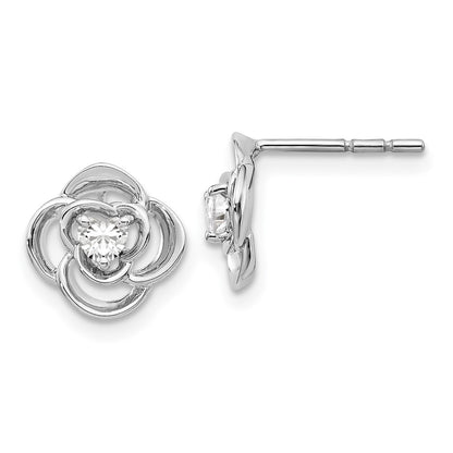 Solid 14k White Gold Simulated CZ Flower Earrings