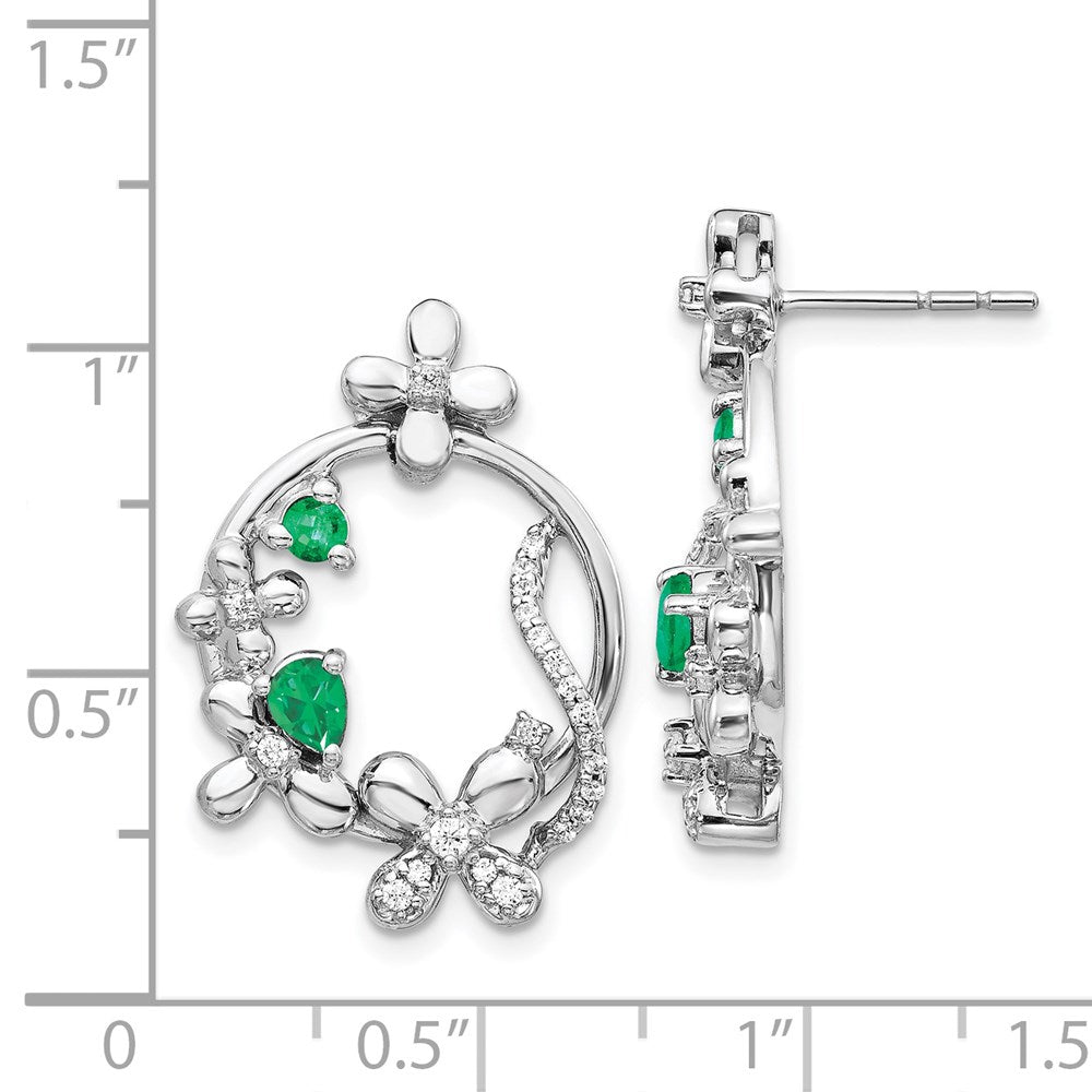Solid 14k White Gold Simulated CZ & Emerald Flower Earrings