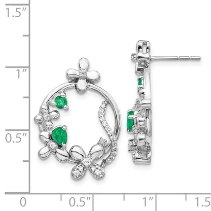 Solid 14k White Gold Simulated CZ & Emerald Flower Earrings