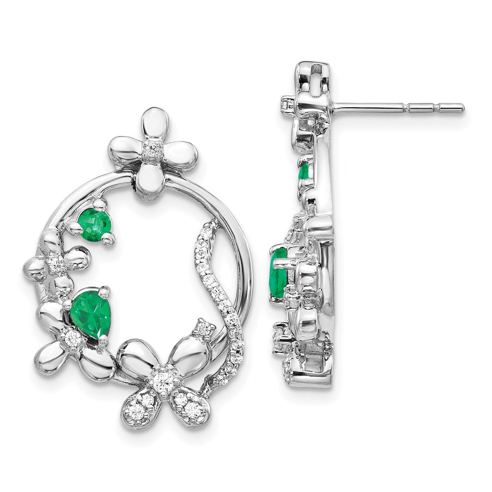 14k White Gold Real Diamond & Emerald Flower Earrings EM3986-EM-025-WA