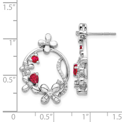 Solid 14k White Gold Simulated CZ & Ruby Flower Earrings