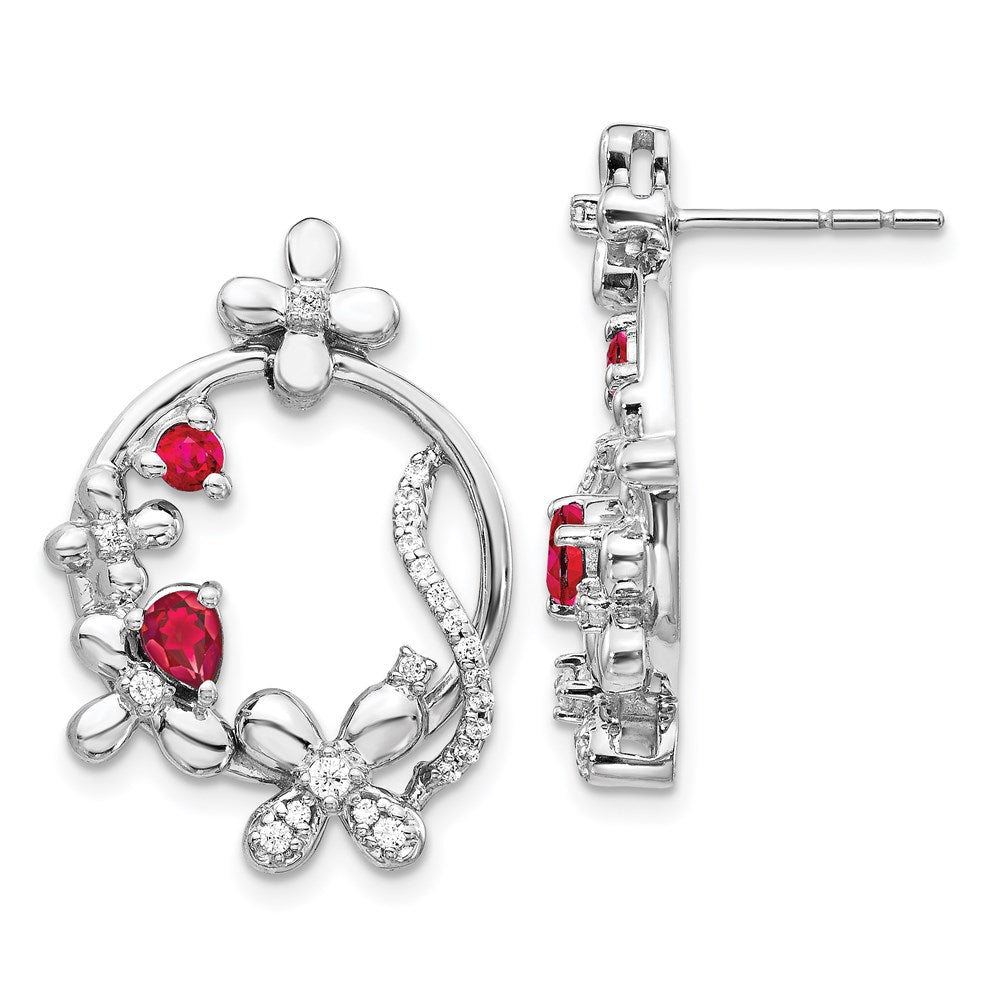 14k White Gold Real Diamond & Ruby Flower Earrings EM3986-RU-025-WA