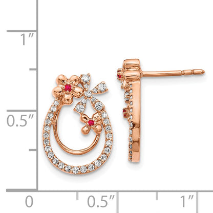Solid 14k Rose Gold Simulated CZ & Ruby Flower Earrings