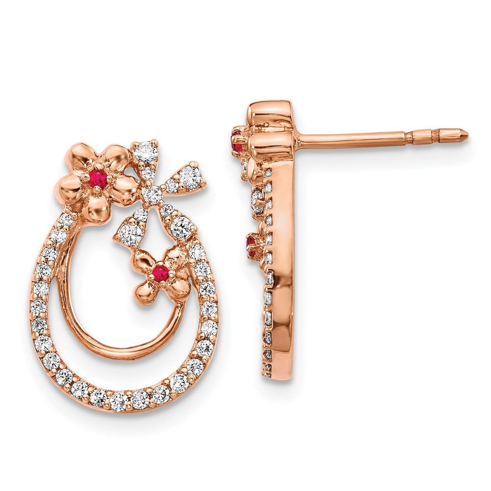 Solid 14k Rose Gold Simulated CZ & Ruby Flower Earrings