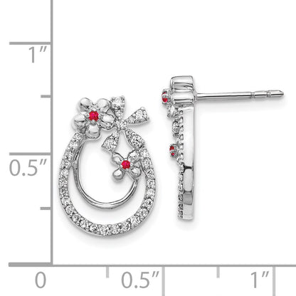 Solid 14k White Gold Simulated CZ & Ruby Flower Earrings