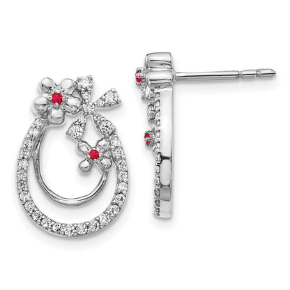 Solid 14k White Gold Simulated CZ & Ruby Flower Earrings
