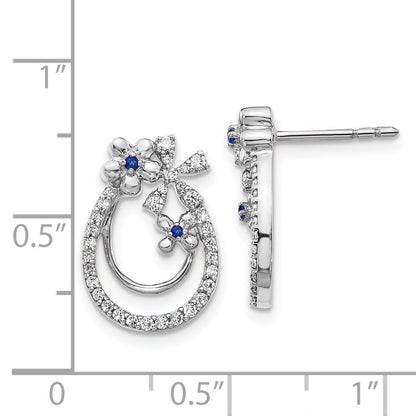 Solid 14k White Gold Simulated CZ & Sapphire Flower Earrings