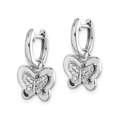 Solid 14k White Gold Simulated CZ Hoop Butterfly Earrings