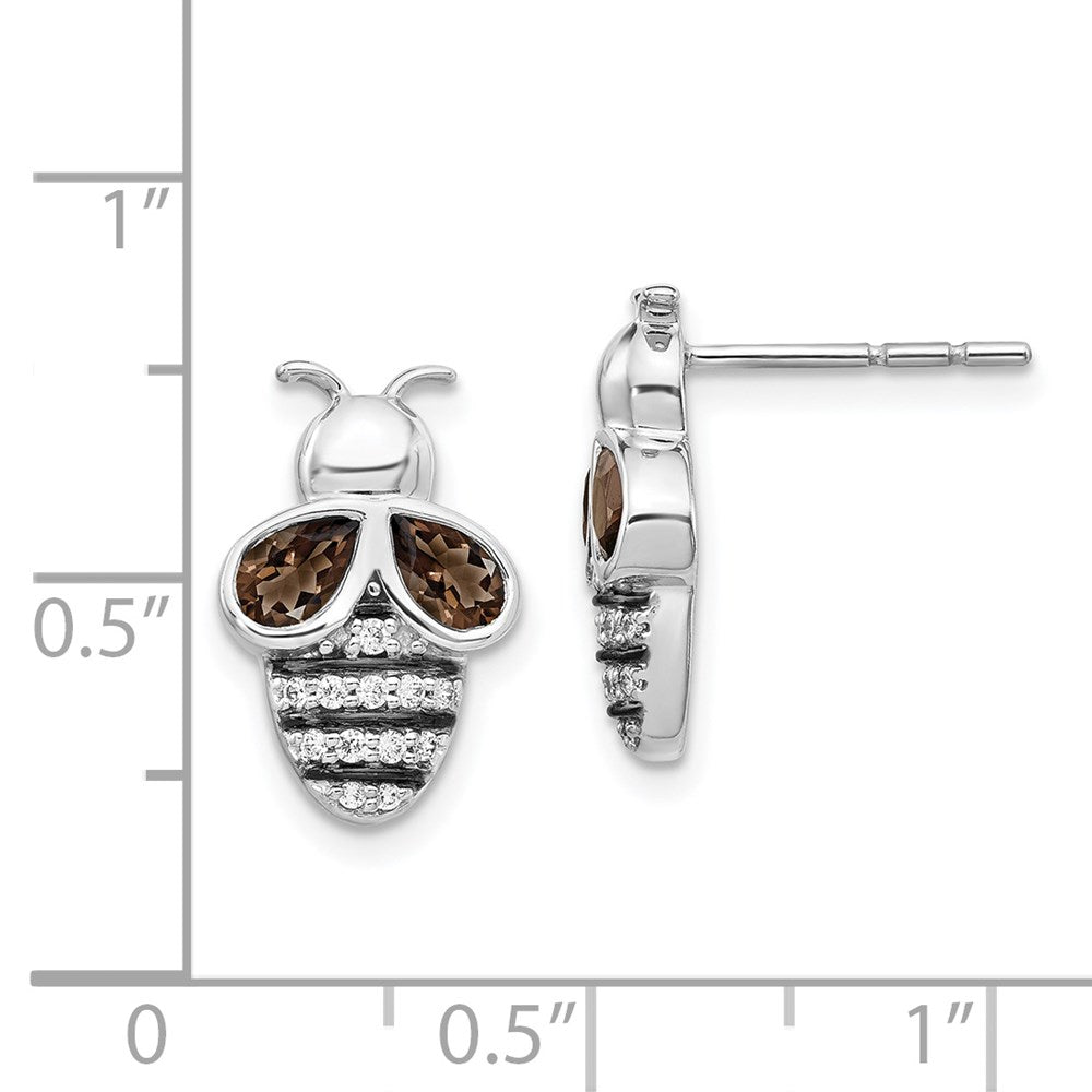 Solid 14k White Gold Simulated CZ and SmoKey Quartz Bee Earrings