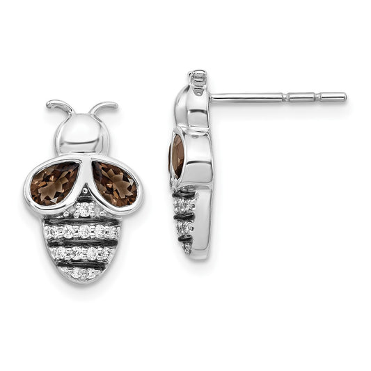 Solid 14k White Gold Simulated CZ and SmoKey Quartz Bee Earrings