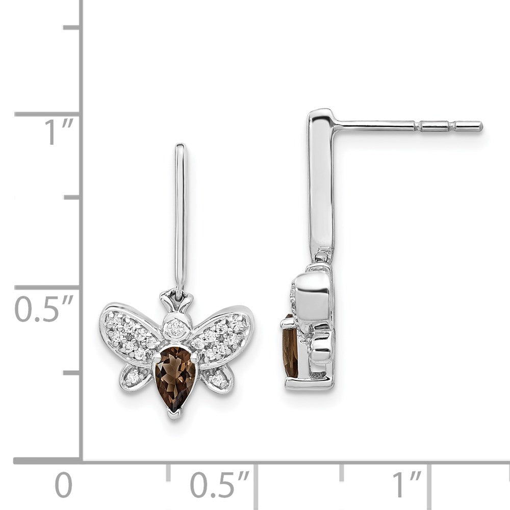 Solid 14k White Gold Simulated CZ and SmoKey Quartz Bee Earrings