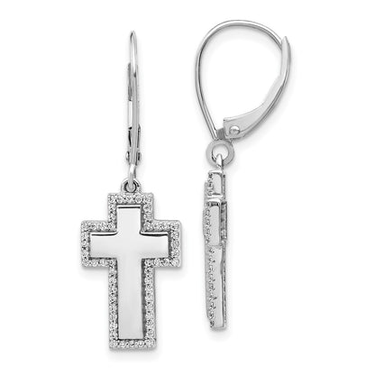 Solid 14k White Gold Simulated CZ Fancy Cross LeverbacK Earrings
