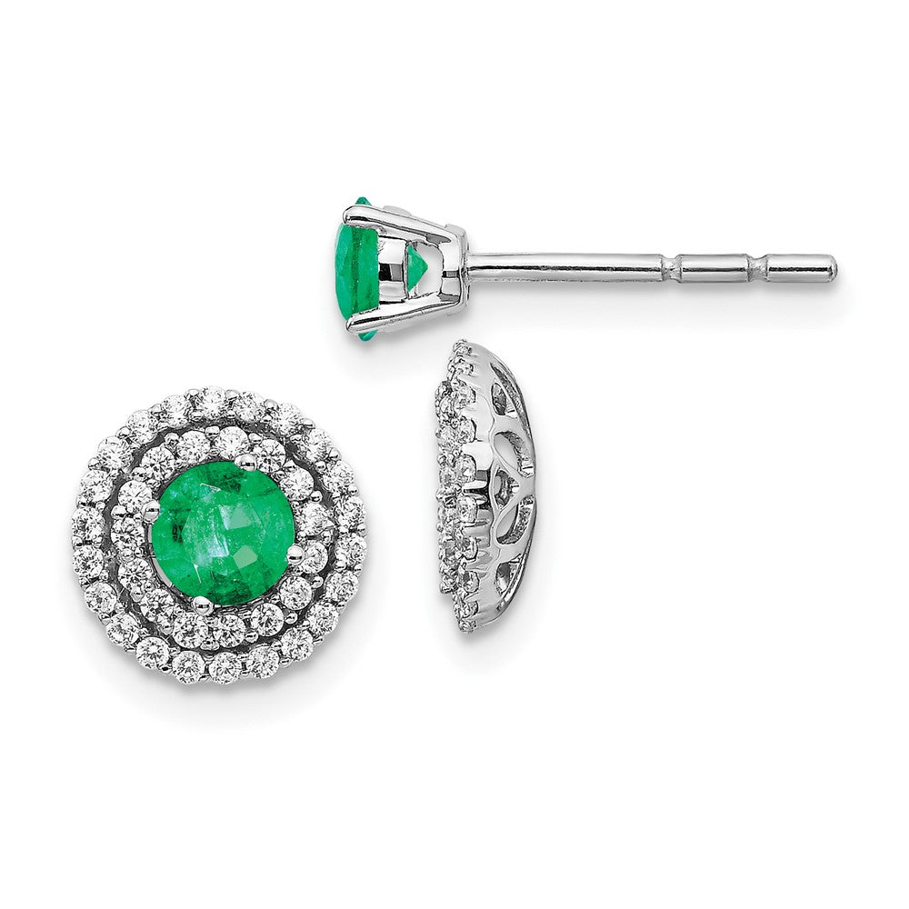 Solid 14k White Gold Simulated CZ and Emerald Stud w/ JacKet Earrings