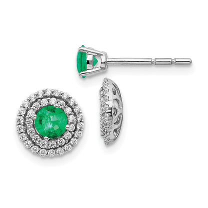 Solid 14k White Gold Simulated CZ and Emerald Stud w/ JacKet Earrings