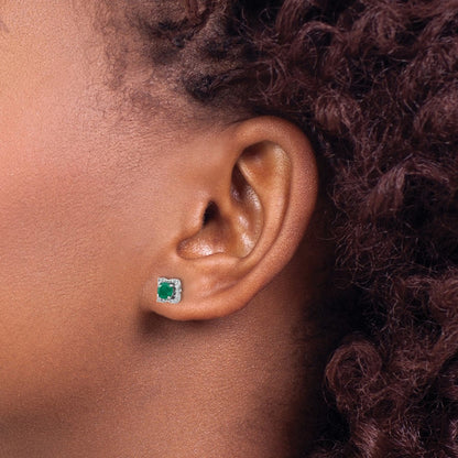 Solid 14k White Gold Simulated CZ and Emerald Stud w/ JacKet Earrings