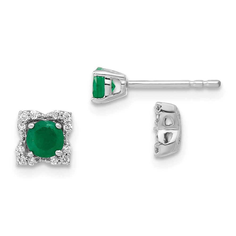 Solid 14k White Gold Simulated CZ and Emerald Stud w/ JacKet Earrings