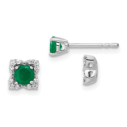 Solid 14k White Gold Simulated CZ and Emerald Stud w/ JacKet Earrings