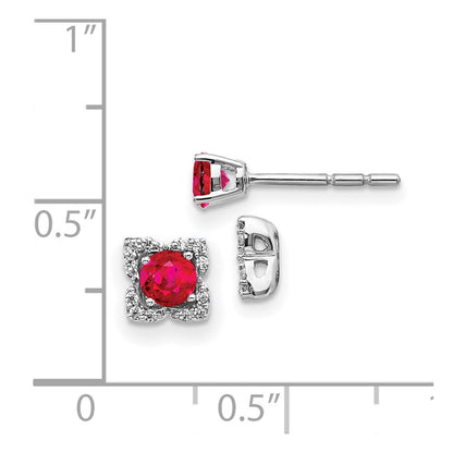 Solid 14k White Gold Simulated CZ and Ruby Stud w/ JacKet Earrings