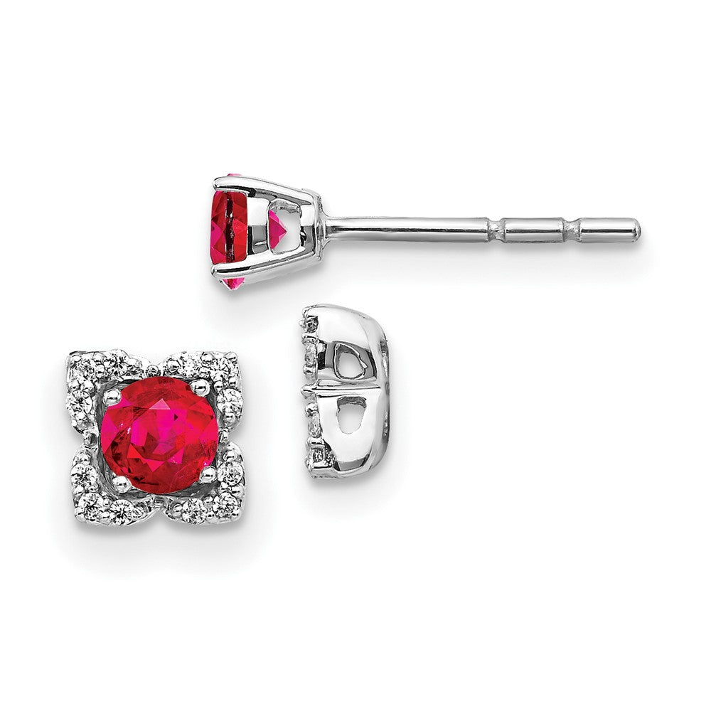 Solid 14k White Gold Simulated CZ and Ruby Stud w/ JacKet Earrings