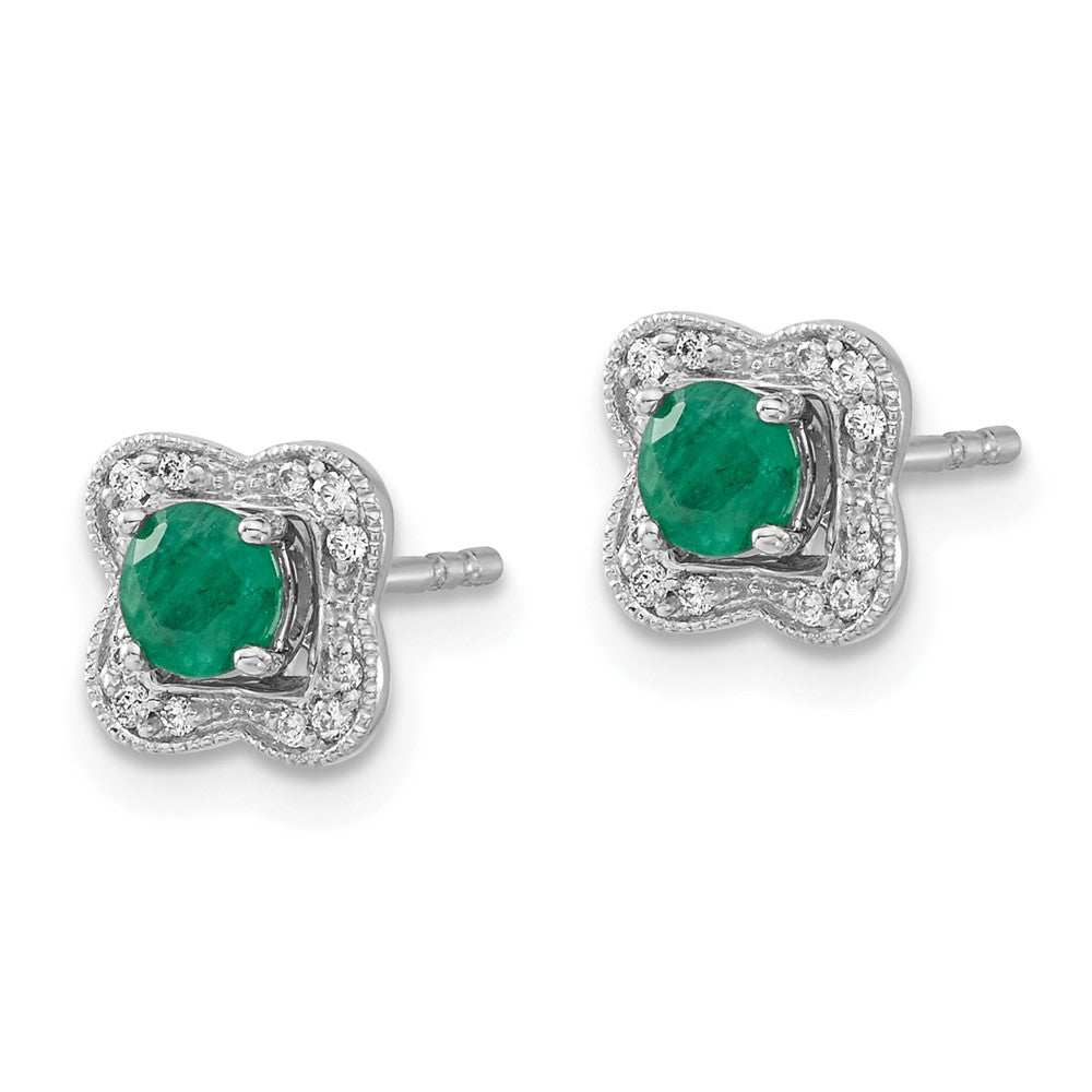 Solid 14k White Gold Simulated CZ and Emerald Stud w/ JacKet Earrings