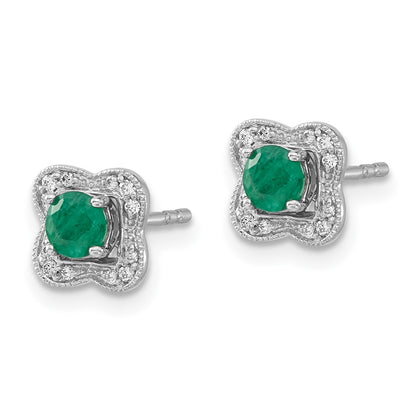 Solid 14k White Gold Simulated CZ and Emerald Stud w/ JacKet Earrings
