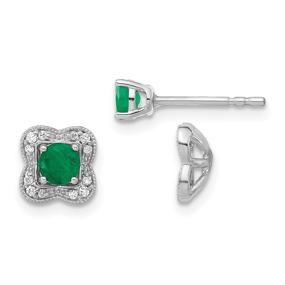 Solid 14k White Gold Simulated CZ and Emerald Stud w/ JacKet Earrings