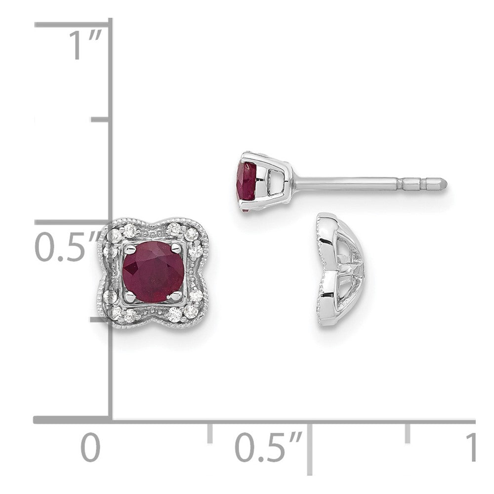 Solid 14k White Gold Simulated CZ and Ruby Stud w/ JacKet Earrings