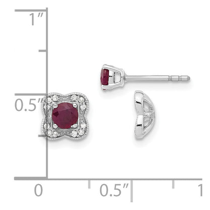Solid 14k White Gold Simulated CZ and Ruby Stud w/ JacKet Earrings