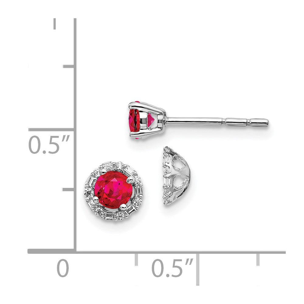 Solid 14k White Gold Simulated CZ and Ruby Stud w/ JacKet Earrings