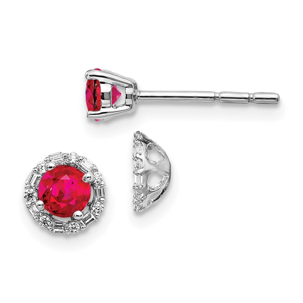 Solid 14k White Gold Simulated CZ and Ruby Stud w/ JacKet Earrings