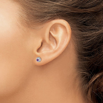 Solid 14k White Gold Simulated CZ and Cabochon Amethyst Earrings