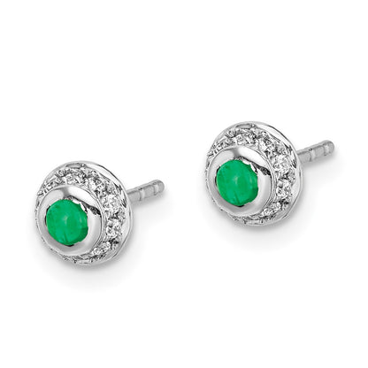 Solid 14k White Gold Simulated CZ and Cabochon Emerald Earrings