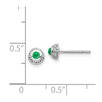Solid 14k White Gold Simulated CZ and Cabochon Emerald Earrings