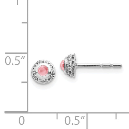 Solid 14k White Gold Simulated CZ and Cabochon Pink Tourmaline Earrings