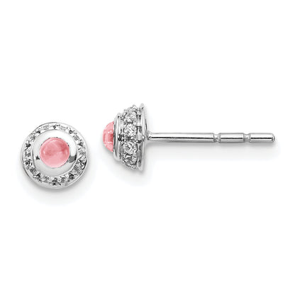 Solid 14k White Gold Simulated CZ and Cabochon Pink Tourmaline Earrings
