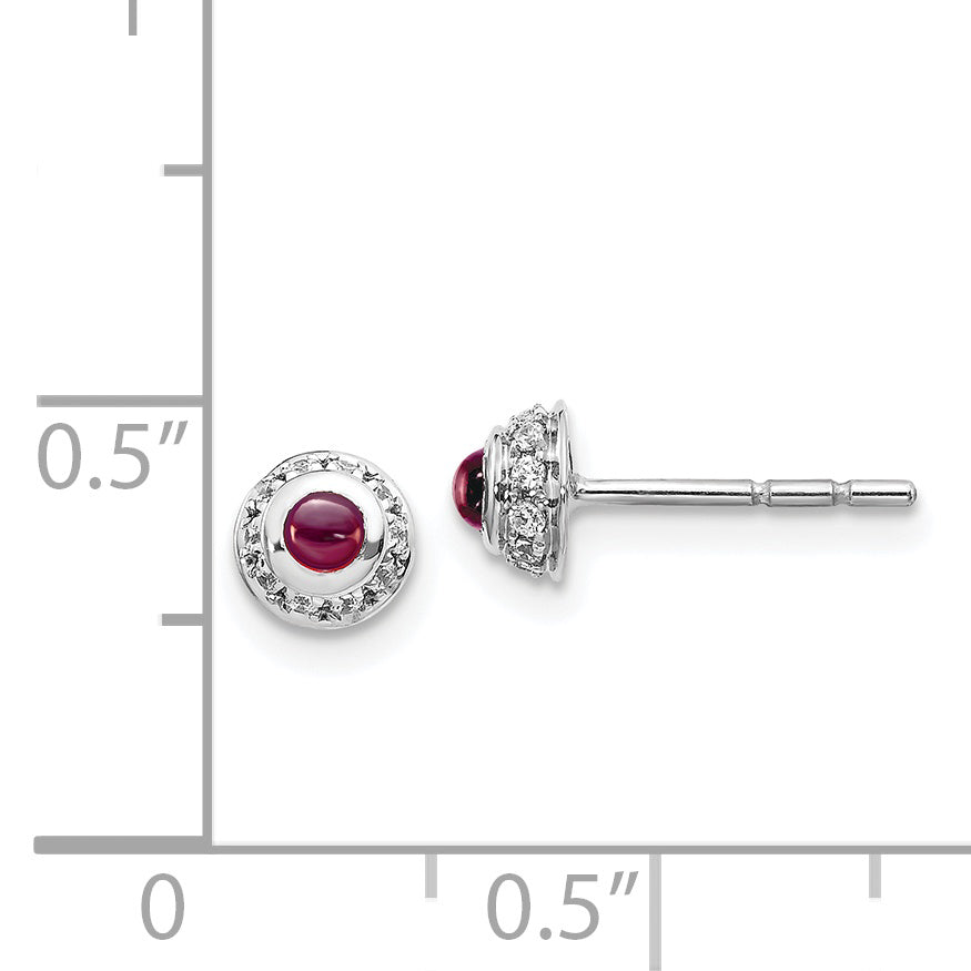 Solid 14k White Gold Simulated CZ and Cabochon Rhodolite Garnet Earrings
