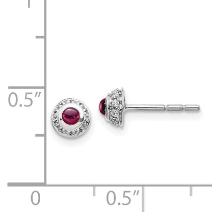 Solid 14k White Gold Simulated CZ and Cabochon Rhodolite Garnet Earrings