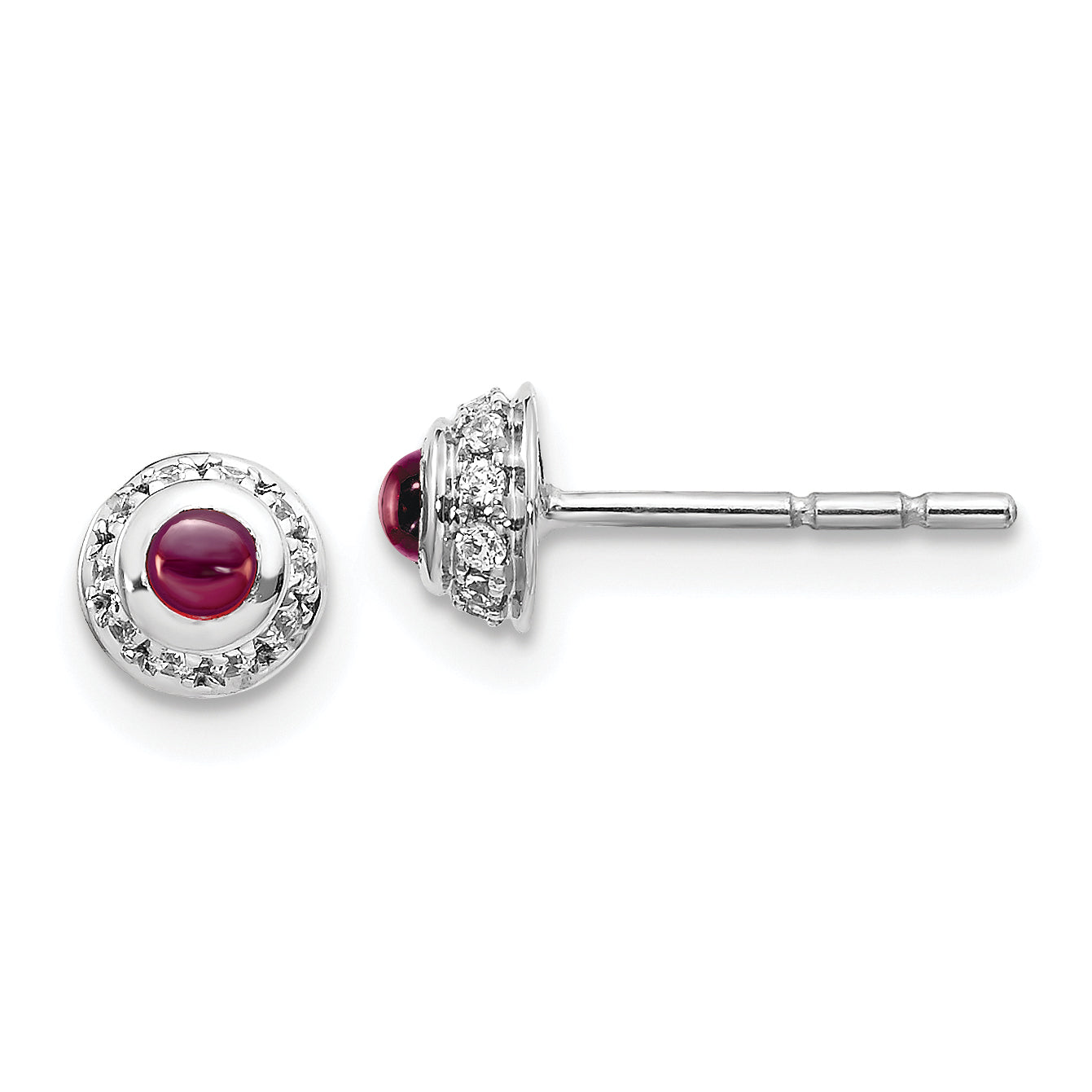 Solid 14k White Gold Simulated CZ and Cabochon Rhodolite Garnet Earrings