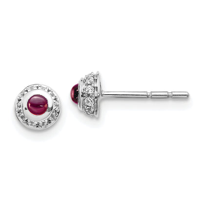 Solid 14k White Gold Simulated CZ and Cabochon Rhodolite Garnet Earrings
