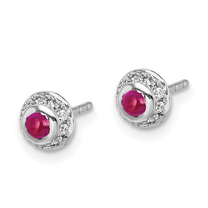 Solid 14k White Gold Simulated CZ and Cabochon Ruby Earrings