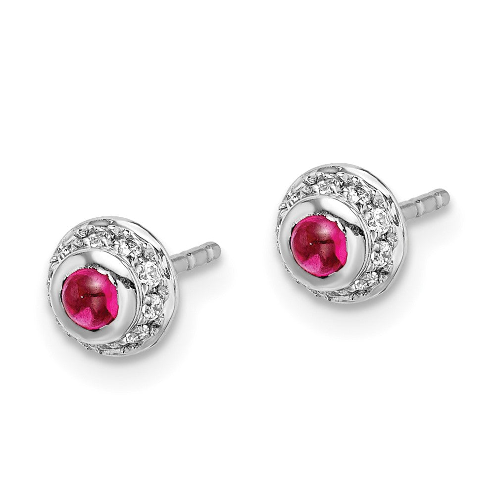 Solid 14k White Gold Simulated CZ and Cabochon Ruby Earrings